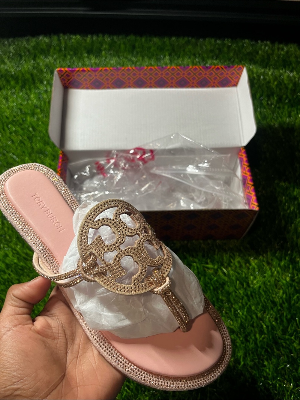 Tory Burch Rose Pink and Gold Logo Thong Sandal